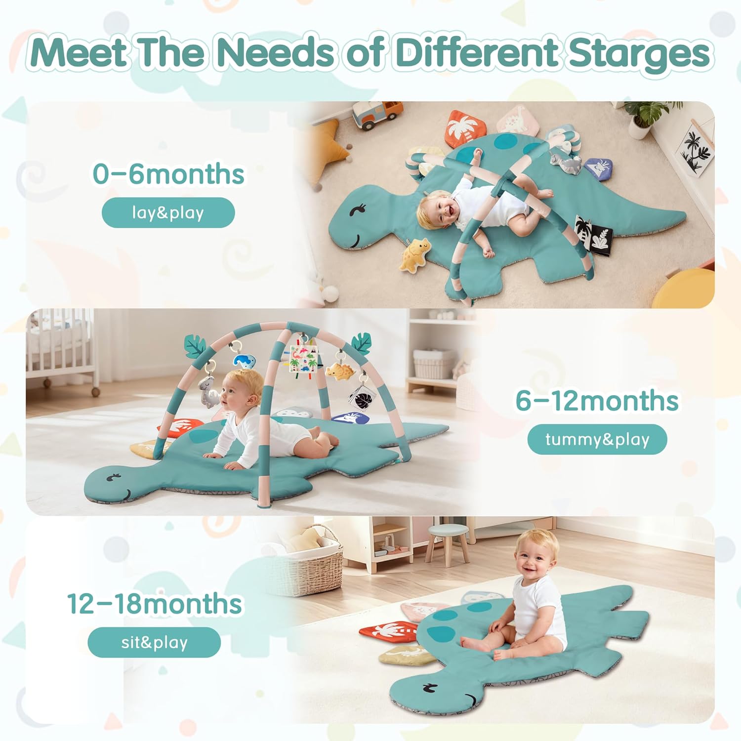 Baby Tummy Time Mat, Oversize Dinosaur Shaped Baby Play Gym Mat with 6 Toys, Play Mat for Babies 0-6-12 Months