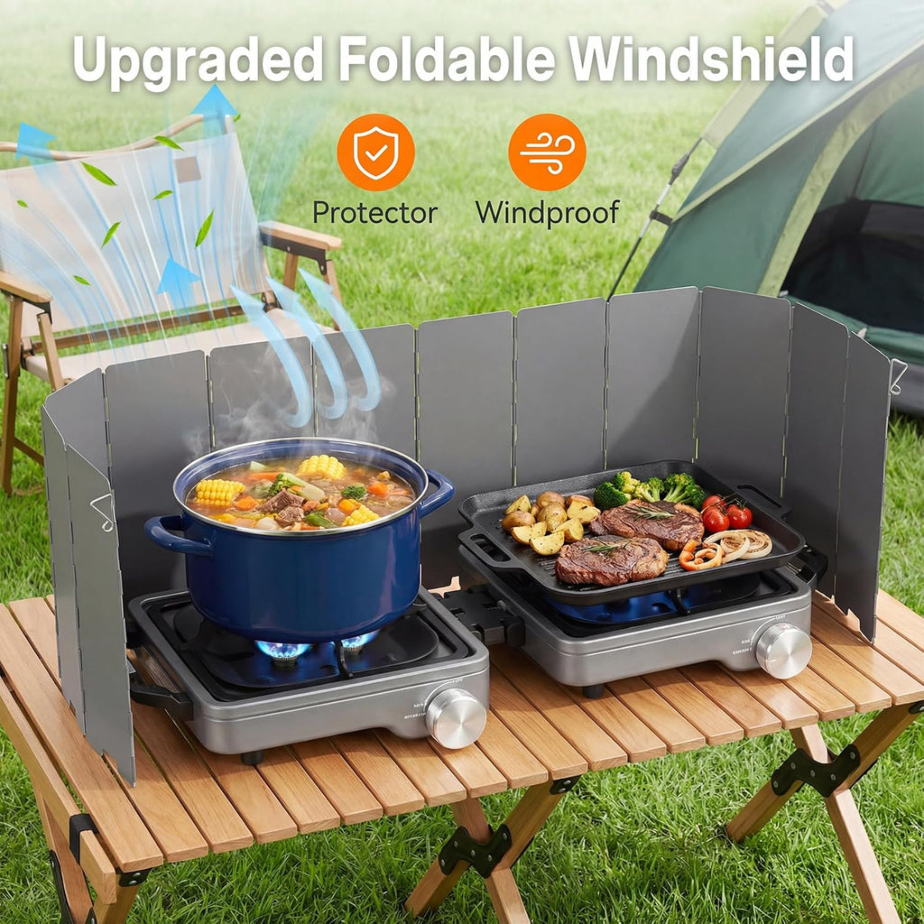 2-Burner Portable Propane Camping Stove,30000 BTU Foldable Gas Stove | Equipped with Windshield, Independently