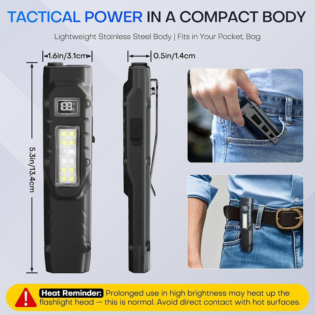 EDC Tactical Flashlight, Flat Flashlights Rechargeable,Dual-Switches LED Small Flashlight with Digital