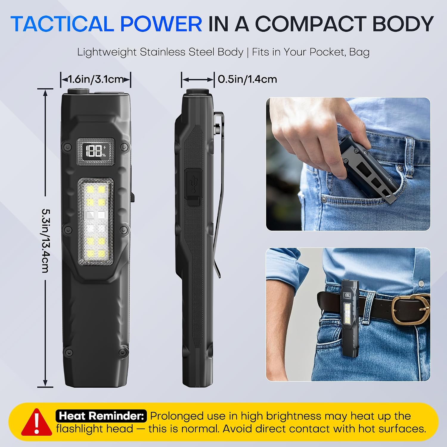 EDC Tactical Flashlight, Flat Flashlights Rechargeable,Dual-Switches LED Small Flashlight with Digital