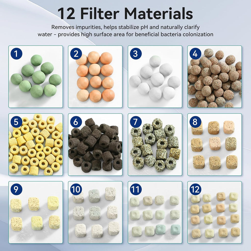 12-in-1 Aquarium Filter Media for Freshwater & Marine Tanks, Bio Filter Mix with Ceramic Rings & Bio Balls, Helps