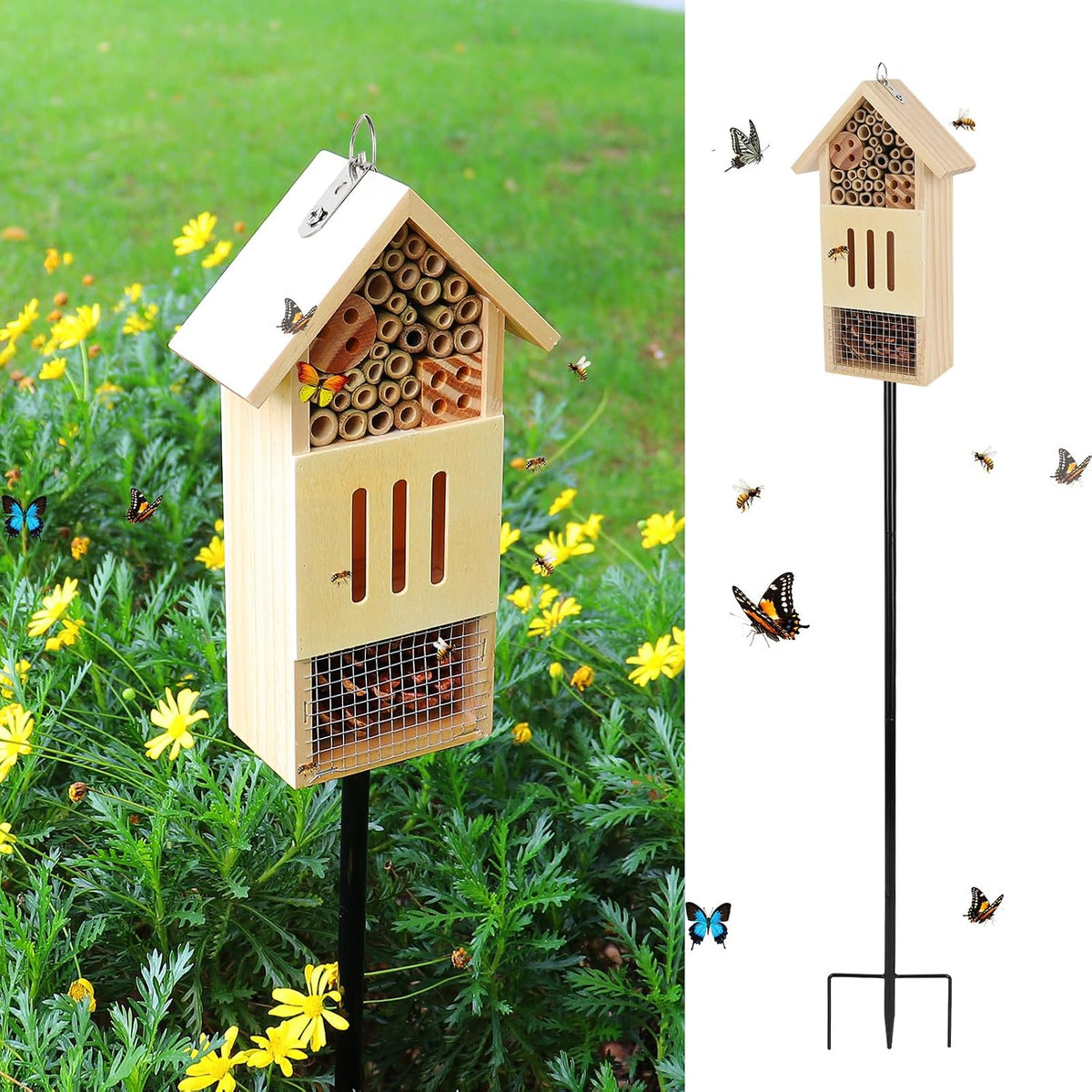 Wooden Insect House, Bee House with Metal Stake for Garden