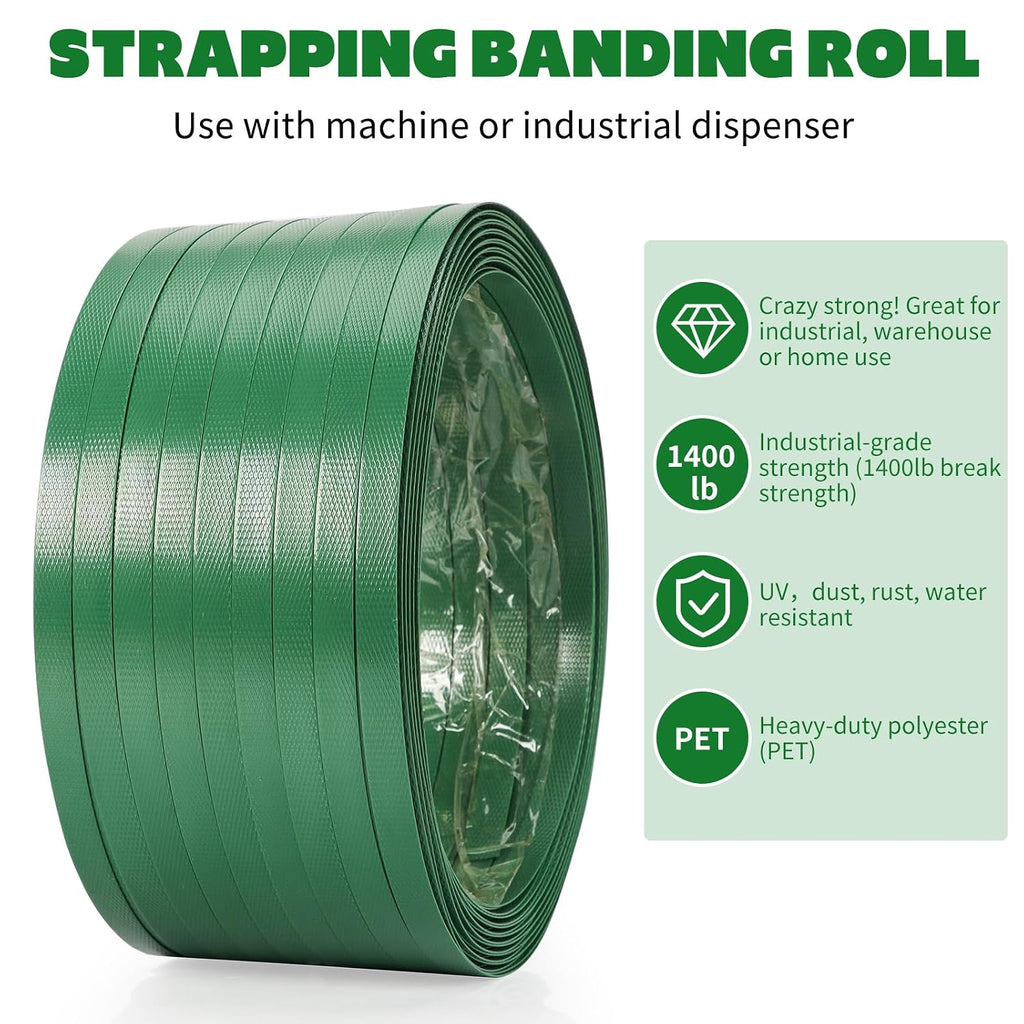 Heavy Duty Packaging Strapping Banding Roll - Green Polyester PET Industrial-Grade, 850' x 5/8" x 0.035" Pallet Strap