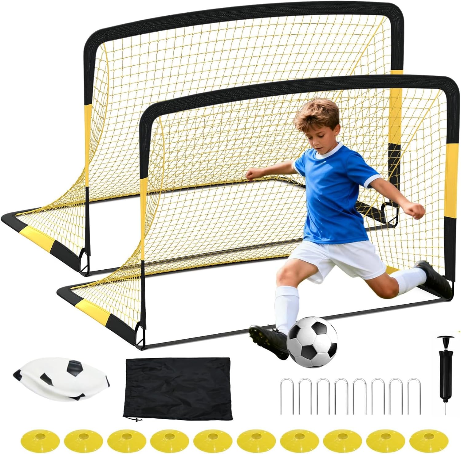 6x4 ft Soccer Goal Set, 2-Pack Pop Up Soccer Net Set for Backyard, Portable Soccer Goal for Youth Players, with