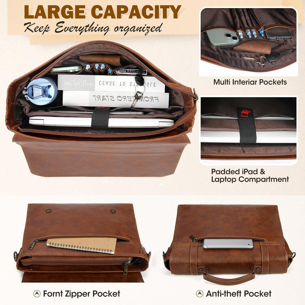 Mens Messenger Bag 17 Inch Waterproof Vintage Leather Laptop Briefcase Large Laptop Bag Satchel Bag Computer Shoulder