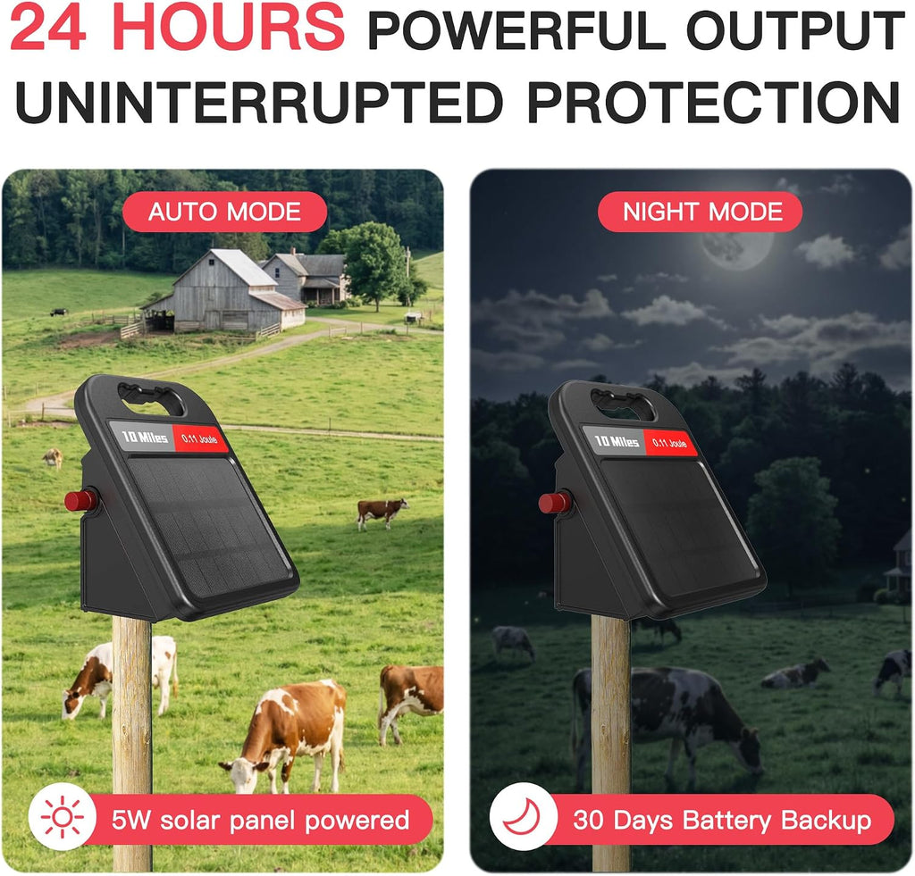 10 Mile Solar Fence Charger 0.11J Electric Fence Energizer with Day Night Mode 24-Hour Protection Black