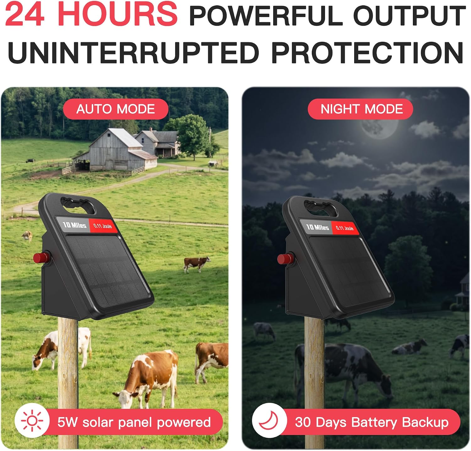 10 Mile Solar Fence Charger 0.11J Electric Fence Energizer with Day Night Mode 24-Hour Protection Black