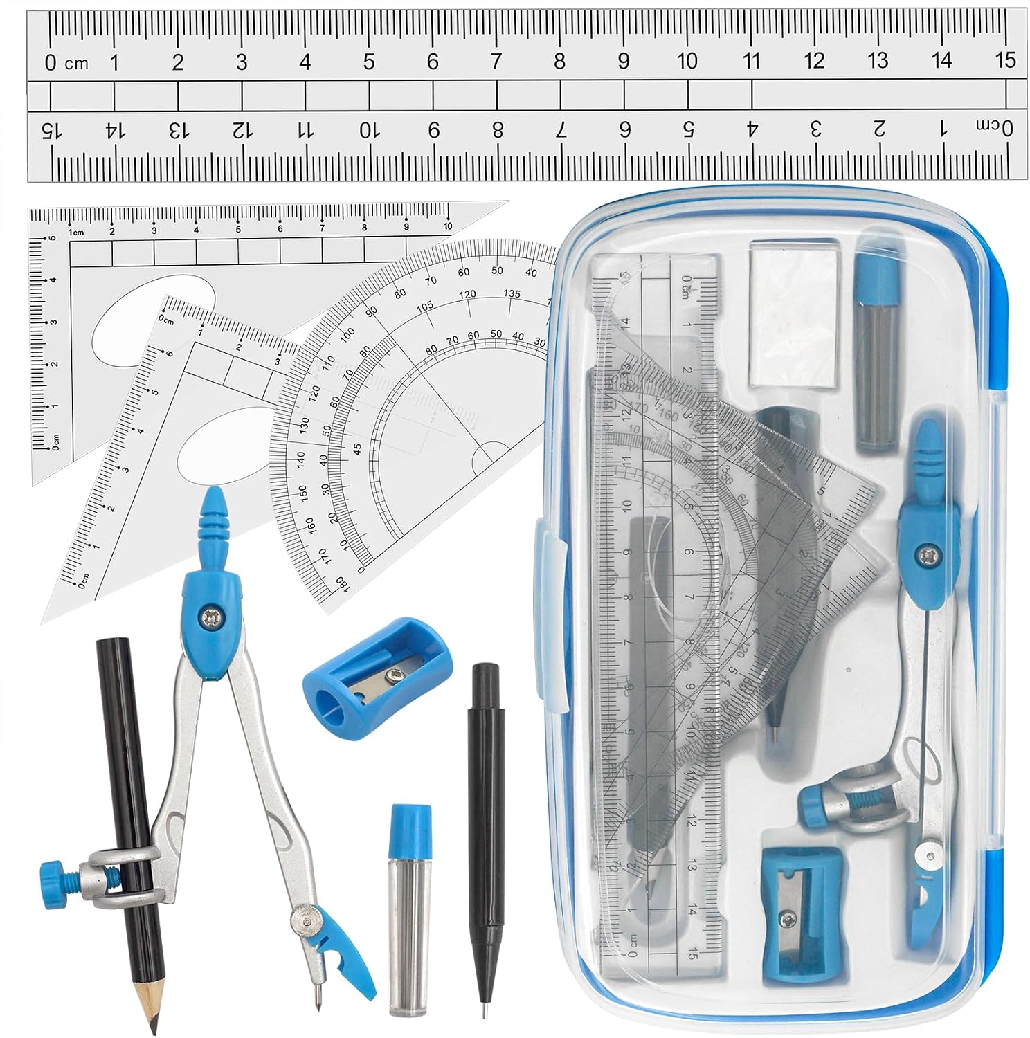 Drafting Compass Kit School Supply Set Featuring Geometry Compass, Protractor, Set Squares, and Ruler – for School