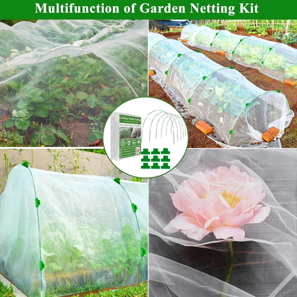 Garden Mesh Netting Kit,10 x 30FT Ultra Fine Netting with 6 Sets Fiberglass Garden Hoops for Raised Beds Vegetable