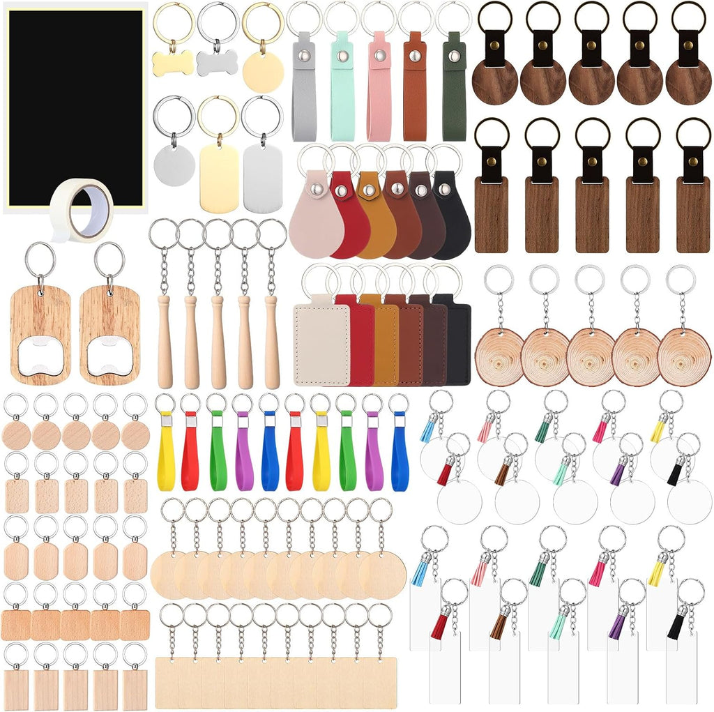 122 Pcs Laser Engraving Blanks, Keychain Bulk Material Accessories | Wood, Stainless Steel, Acrylic, PU Leather