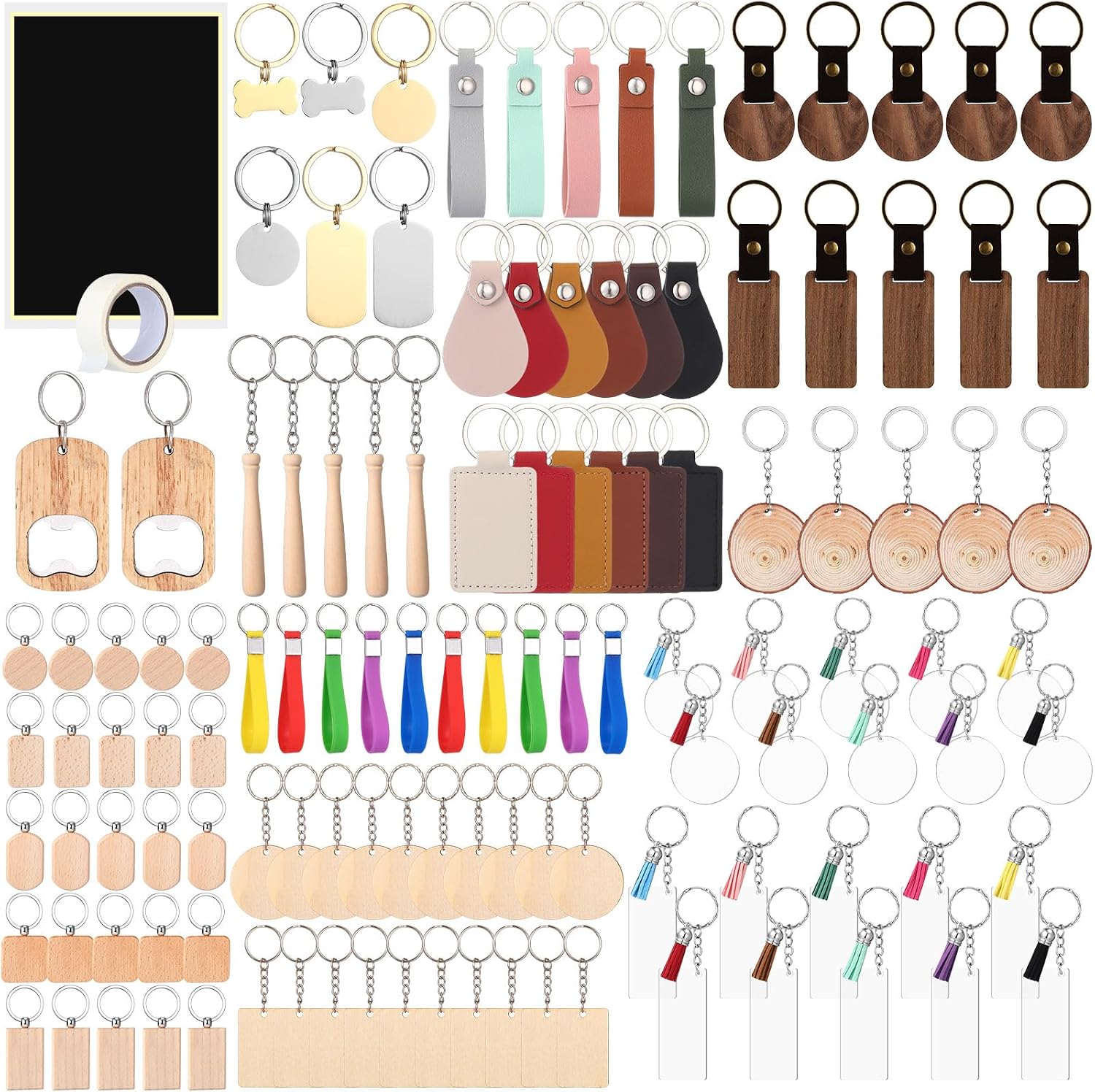 122 Pcs Laser Engraving Blanks, Keychain Bulk Material Accessories | Wood, Stainless Steel, Acrylic, PU Leather