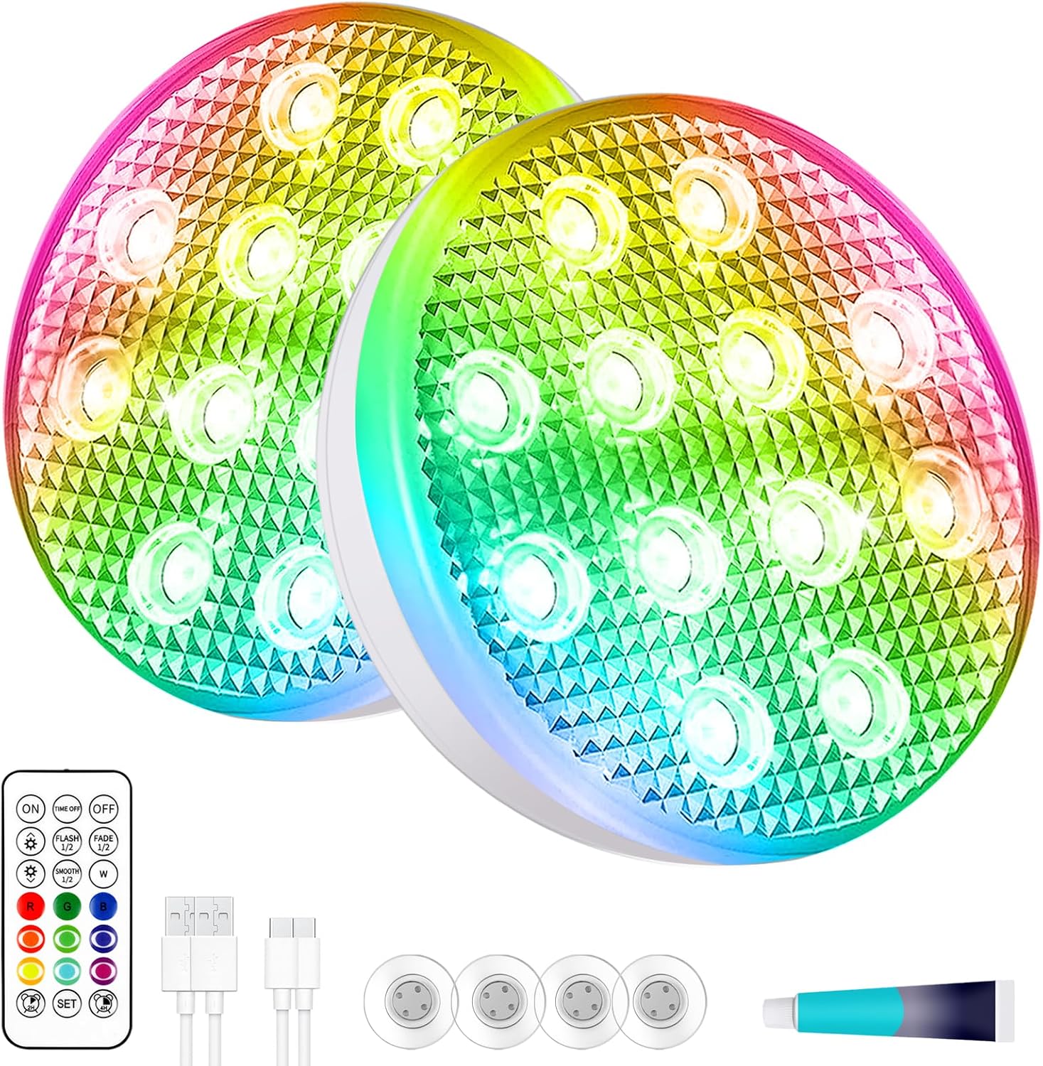 Rechargeable Submersible Pool Lights with Remote (2pcs) - Underwater Led Light IP68 Waterproof ,16 Color Changing