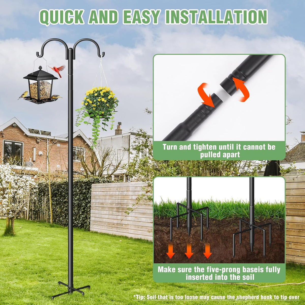 Double Shepherds Hooks for Outdoor, Heavy Duty Bird Feeder Pole with 5-Prong Base - Rust-Proof, Adjustable Bird