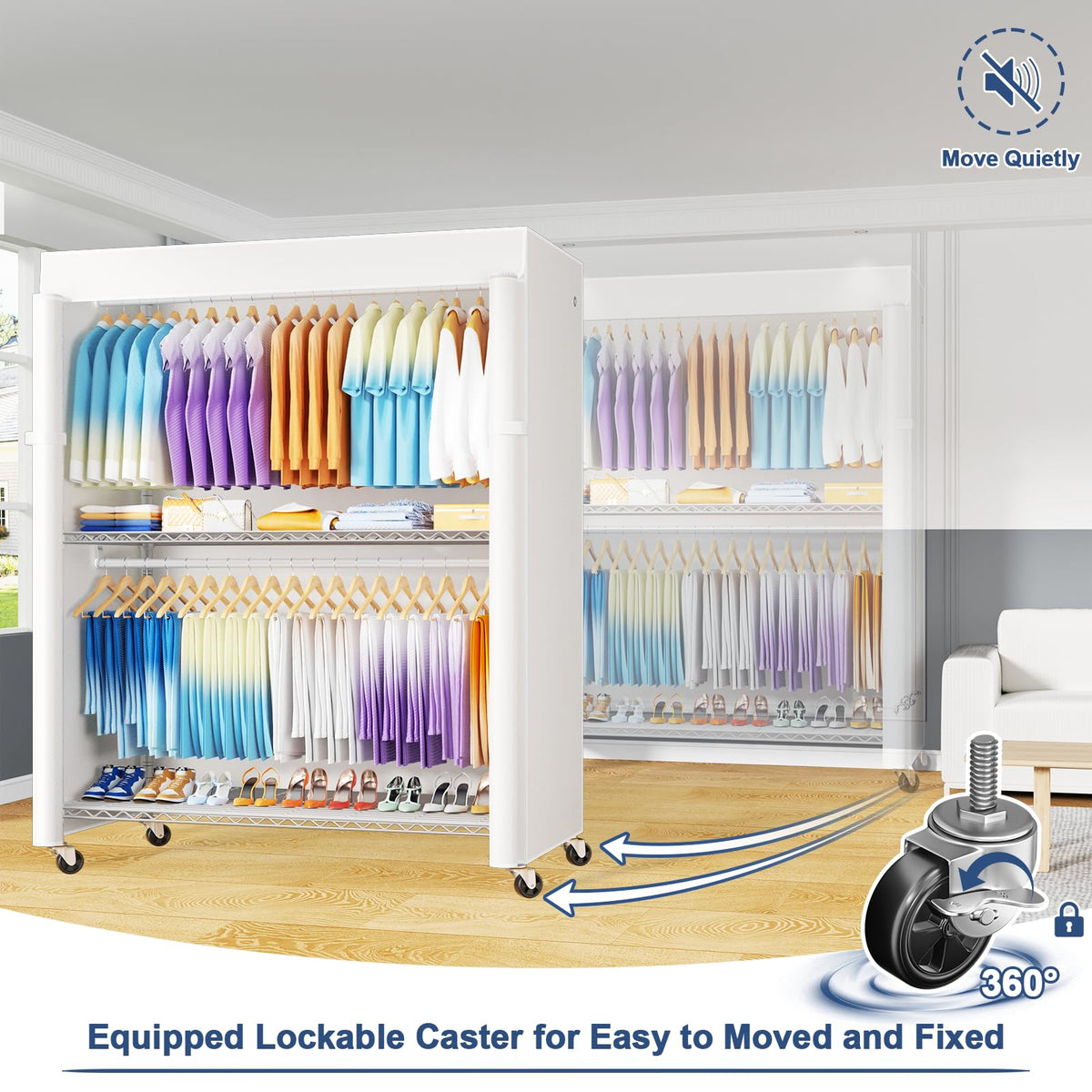 P8C Max Heavy Duty Clothes Rack（With Extended Width Design） Rolling Clothing Racks for Hanging Clothes with Lockable