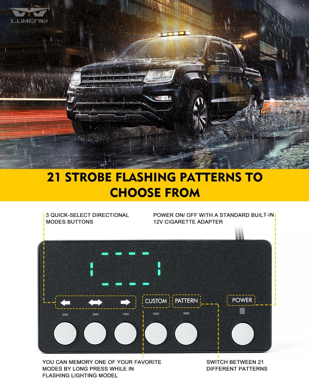 White Amber LED Rooftop Emergency Strobe Light Bar with Controller | Magnetic Mount Roof Top Warning Beacon Caution