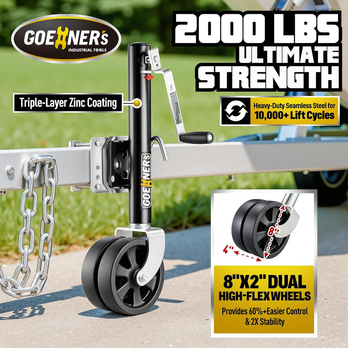 Upgrade 2.0 2000LBS Boat Trailer Jack – Professional Galvanized 8″ Dual-Wheel Swivel Tongue Jack with Detachable