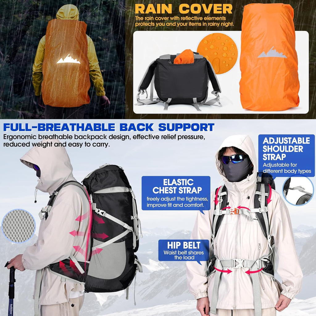 60L Hiking Backpack Waterproof Camping Backpack with Rain Cover Large Lightweight Backpacking Backpack for Men Women