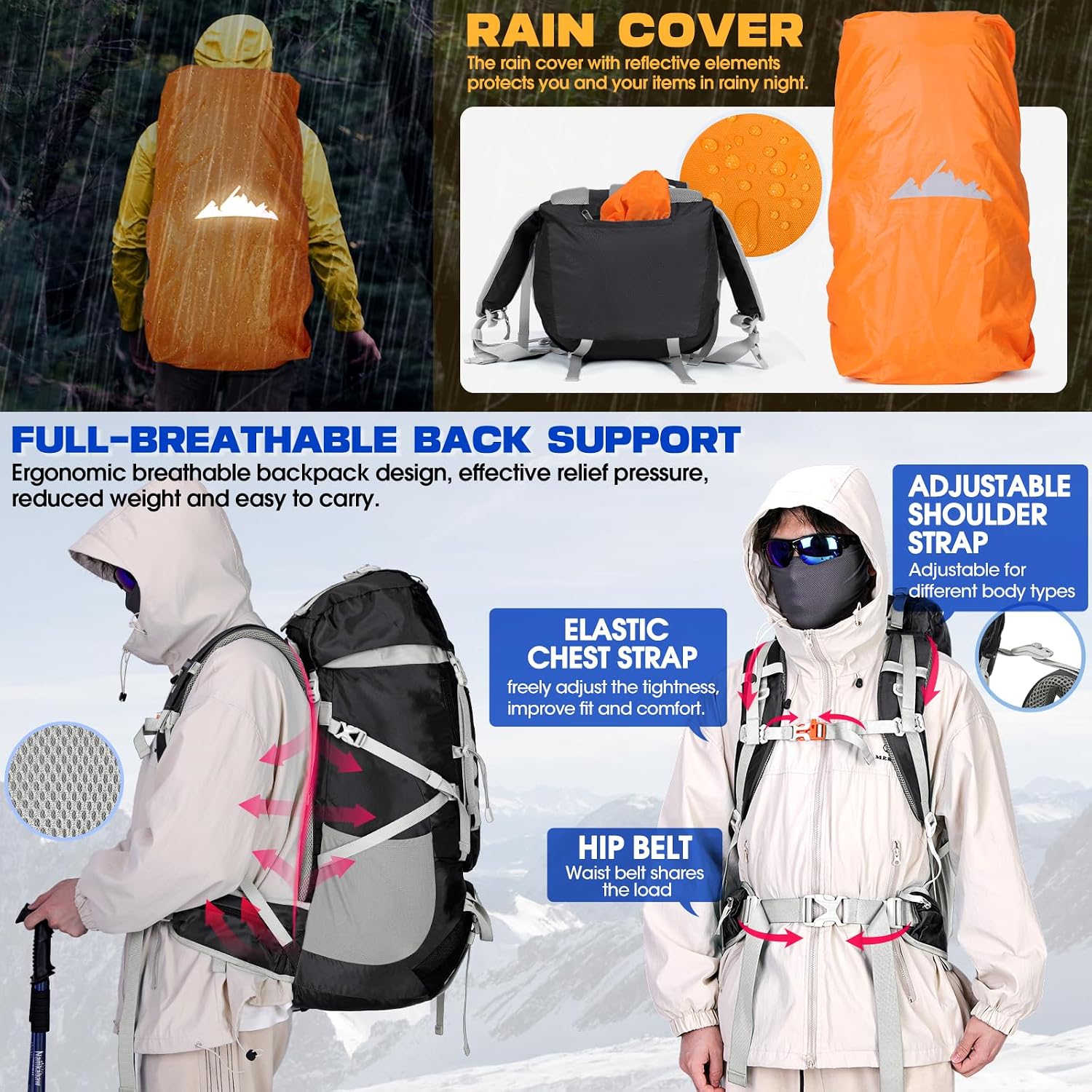 60L Hiking Backpack Waterproof Camping Backpack with Rain Cover Large Lightweight Backpacking Backpack for Men Women