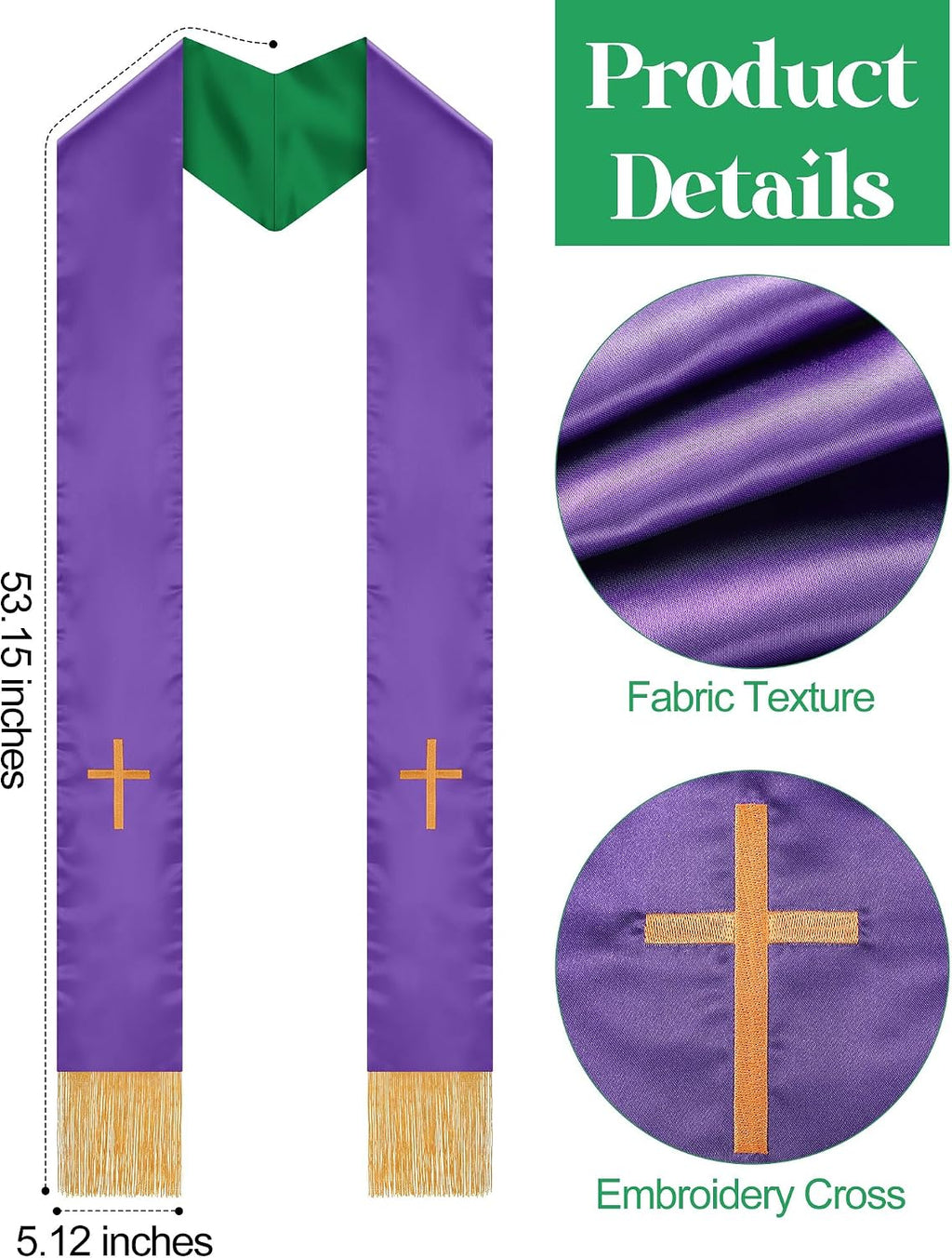 2 Pcs Reversible Clergy Stole with Cross Tassels