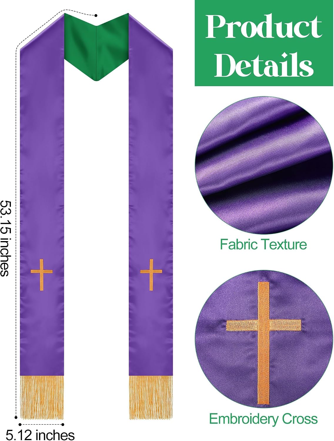 2 Pcs Reversible Clergy Stole with Cross Tassels