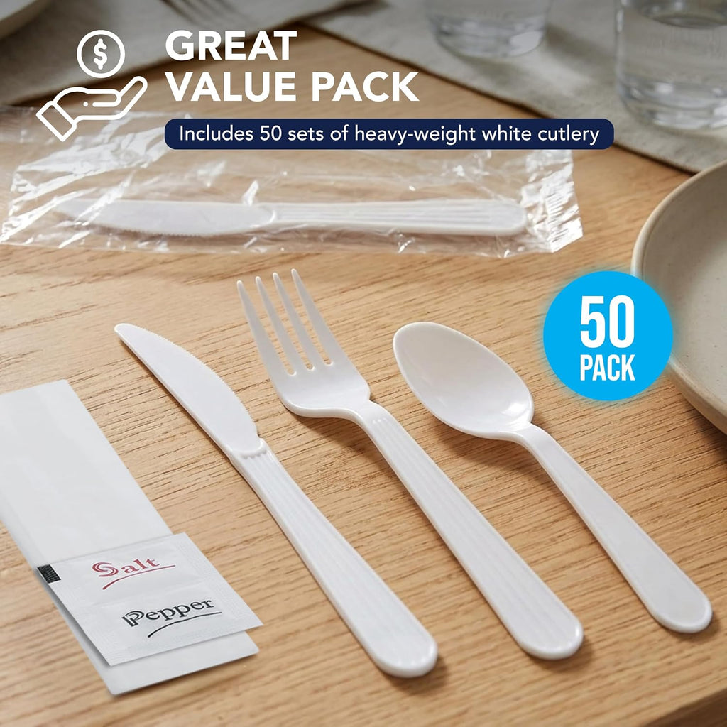 Individually Wrapped Plastic Cutlery Packets/Heavy Duty Silverware Kits, Fork/Spoon/Knife/Napkin/Salt/Pepper, 50
