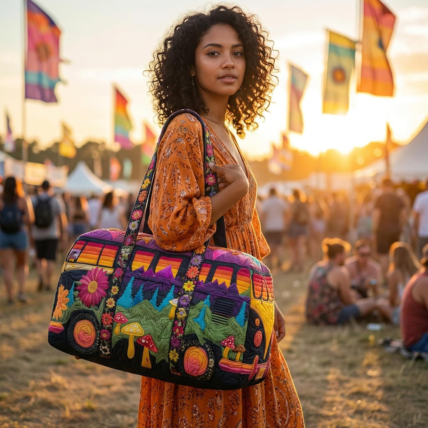 Hippie Journey Quilted Duffel Bag Vintage Floral Hippie Van Travel Duffle Bag Boho Travel Weekender Bags Overnight