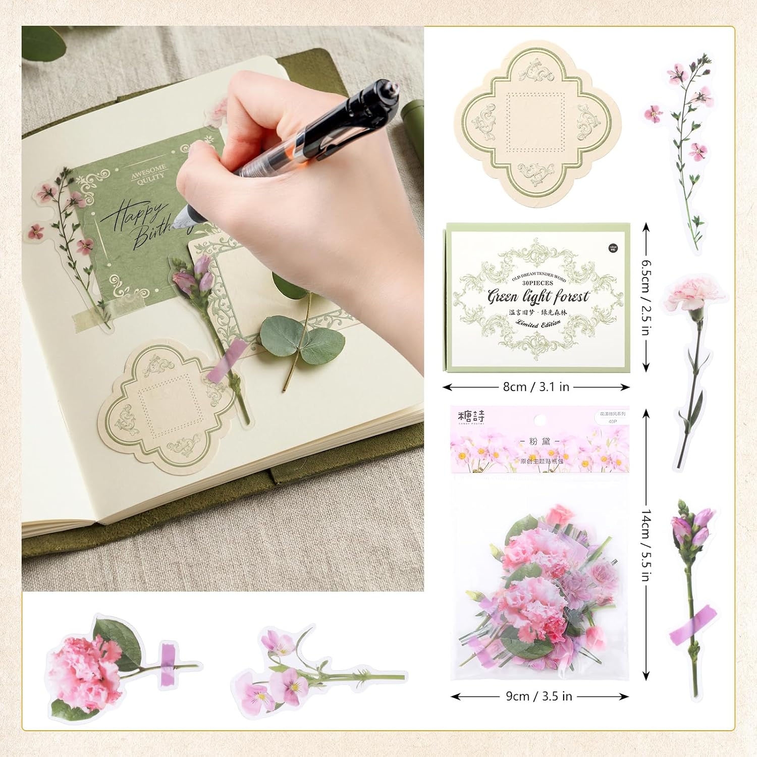 160 Pcs Vintage Scrapbook Supplies Kit, Including 120 Sheets Scrapbook Paper Pad 40 Decorative Flower Stickers, Junk