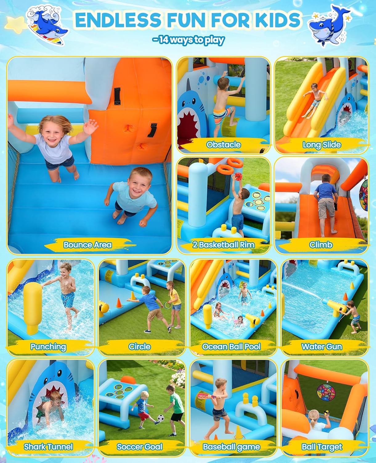 24-in-1 Unicorn Shark Cave Inflatable Water Slides Bounce House Wet Dry Park for Kids Backyard with Blower