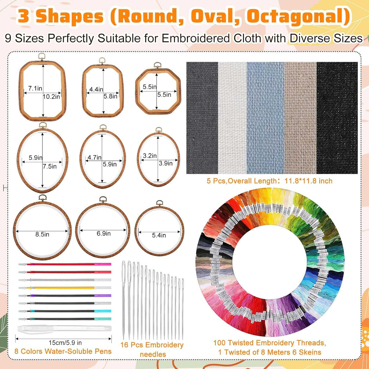 138 Pcs Embroidery Kit 9 Hoop 100 Thread 5 Fabric 16 Needles | Bamboo Frames in 3 Shapes, Rainbow Floss Skeins, 8