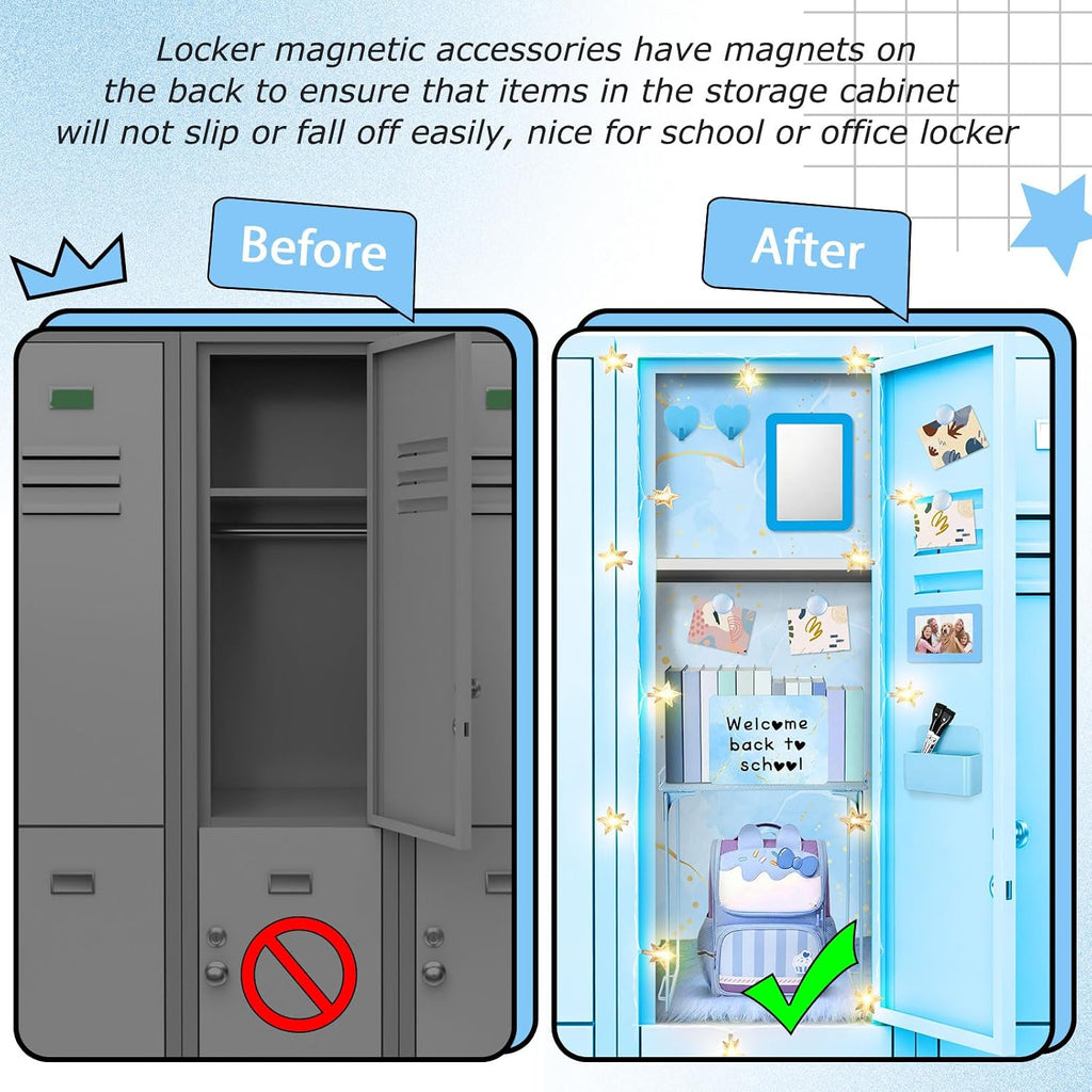 18 Pcs Blue Gold School Locker Accessories First Day of School Essential with Locker Magnetic Wallpaper Mirror Rug
