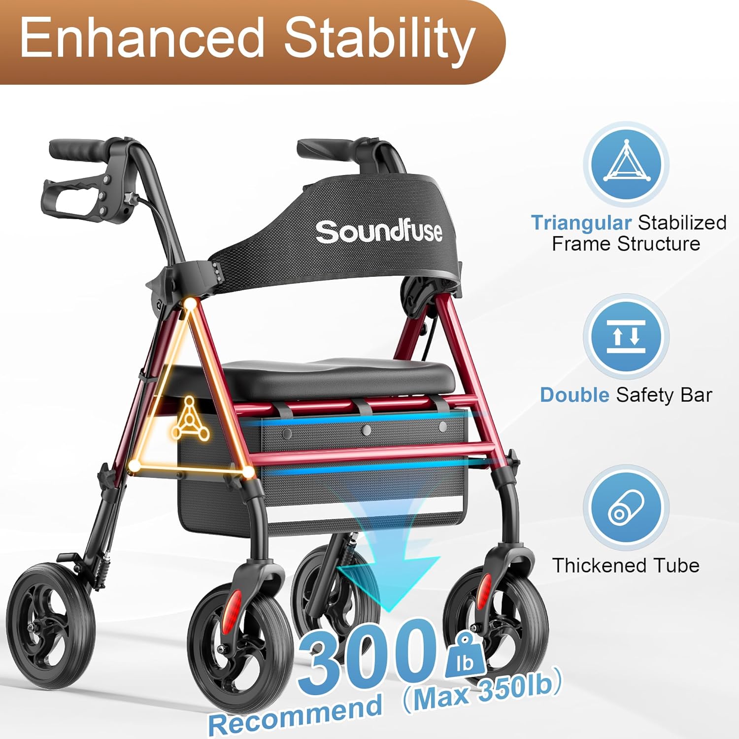 Walkers for Seniors, Rollator Walker with Seat, 8" All Terrain Wheels, Double Support Bar, 16" Ergonomic Arc Seat and