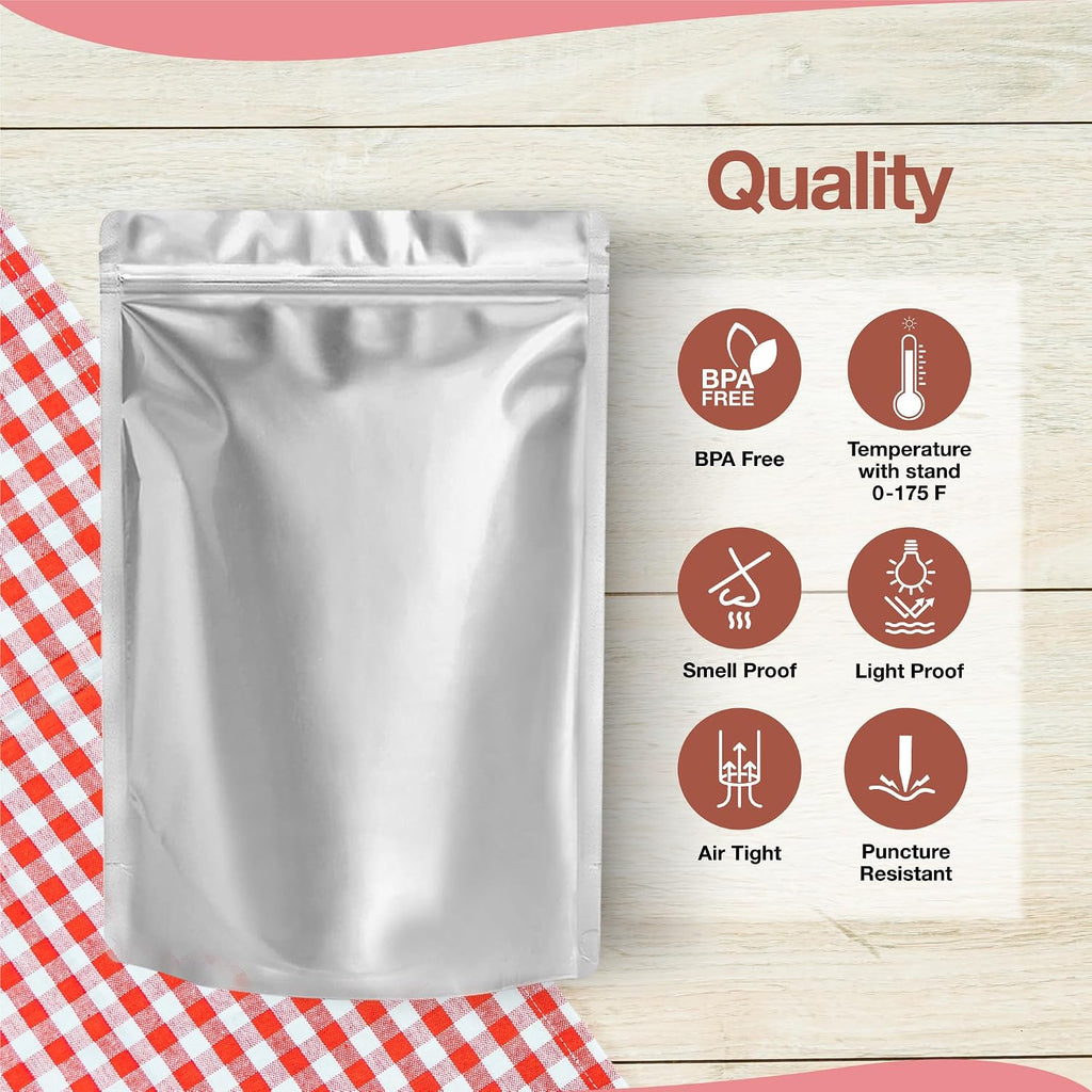 100pcs 1 Quart Mylar Bags with Gusseted Bottom - Extra Thick | Resealable, Long Term Food Storage, Stand Up, Ziplock