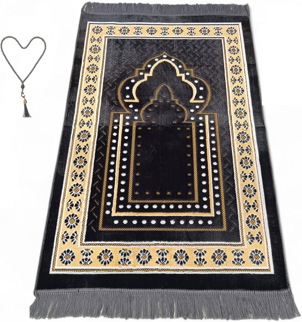 Turkish Muslim Prayer Rug, Mat with Beads for Men Women, Ramadan Hajj Gift (Gray)