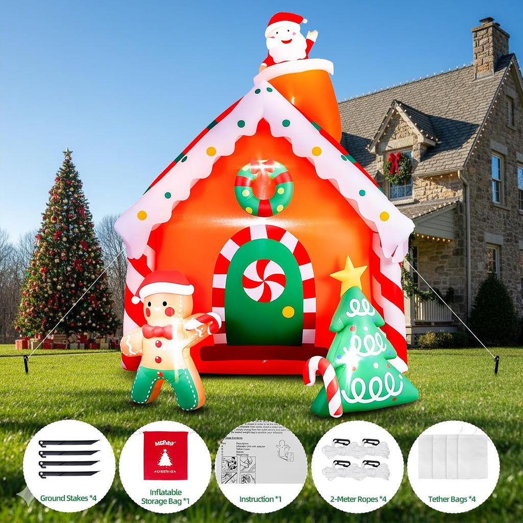 7.5 FT Tall Christmas Inflatables Gingerbread House Built-in LED Lights Blow Up Christmas Decor for Xmas Party