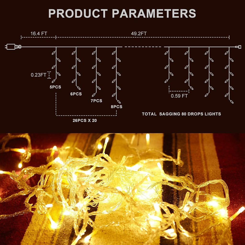 Icicle LED Christmas Lights Outdoor , 520 LED 49.2FT 8 Modes with 80 Drops Warm White Icicle Lights,Remote Control