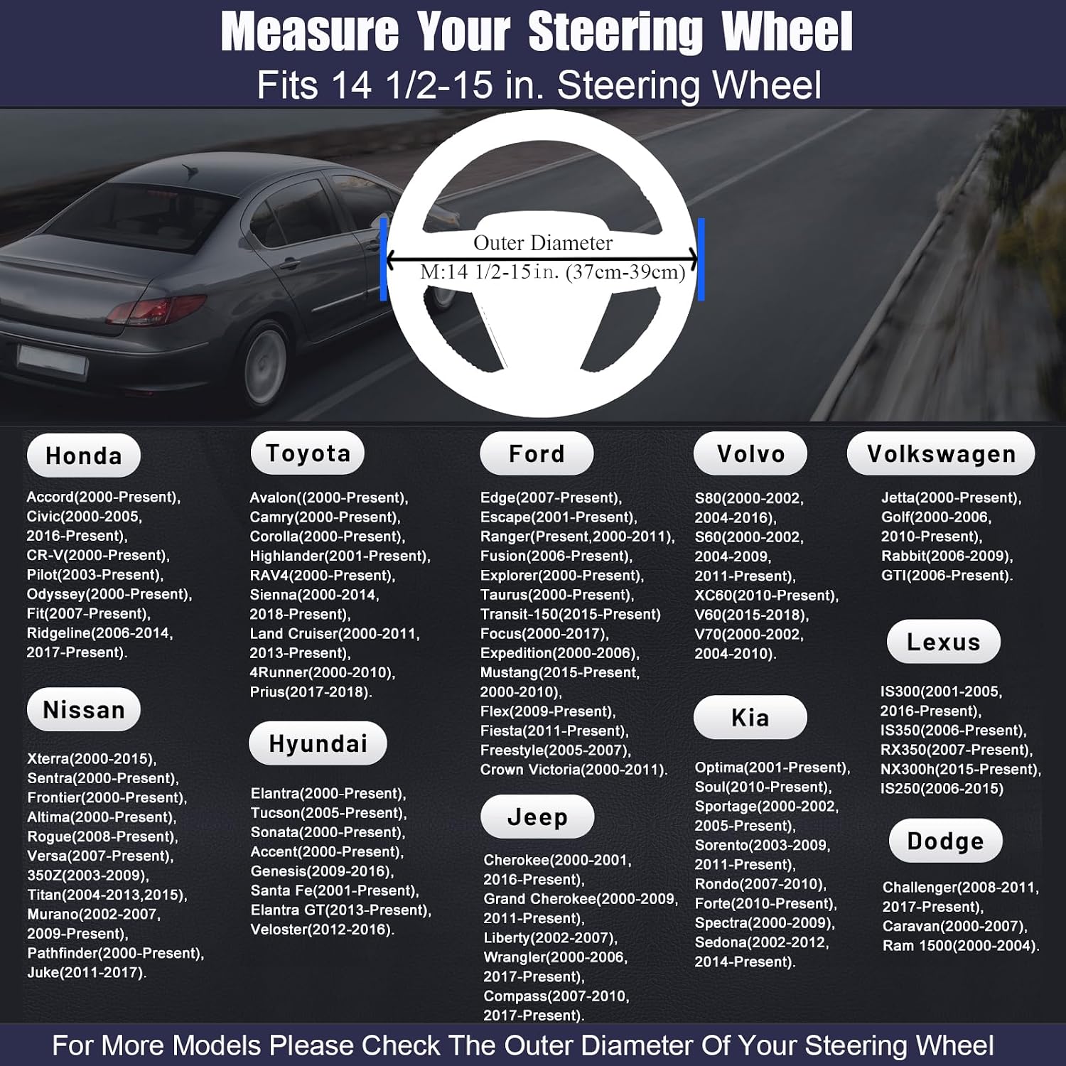 Steering Wheel Cover Standard Size 14.5-15 inch, Non-Slip Car Wheel Cover Protector, Non-Folding Packaging