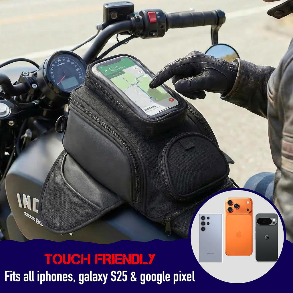 Nomad Motorcycle Tank Bag – 4L Heavy Duty Black Gas Tank Bag with Touchscreen Phone Window, Magnetic Universal Fuel