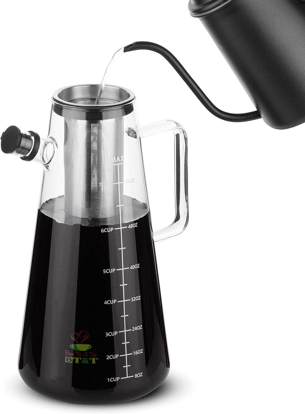 BTaT- Airtight Cold Brew Coffee Maker Pitcher, 2 Liter / 64 oz | Iced Tea Maker with Spout Brewing Glass Carafe