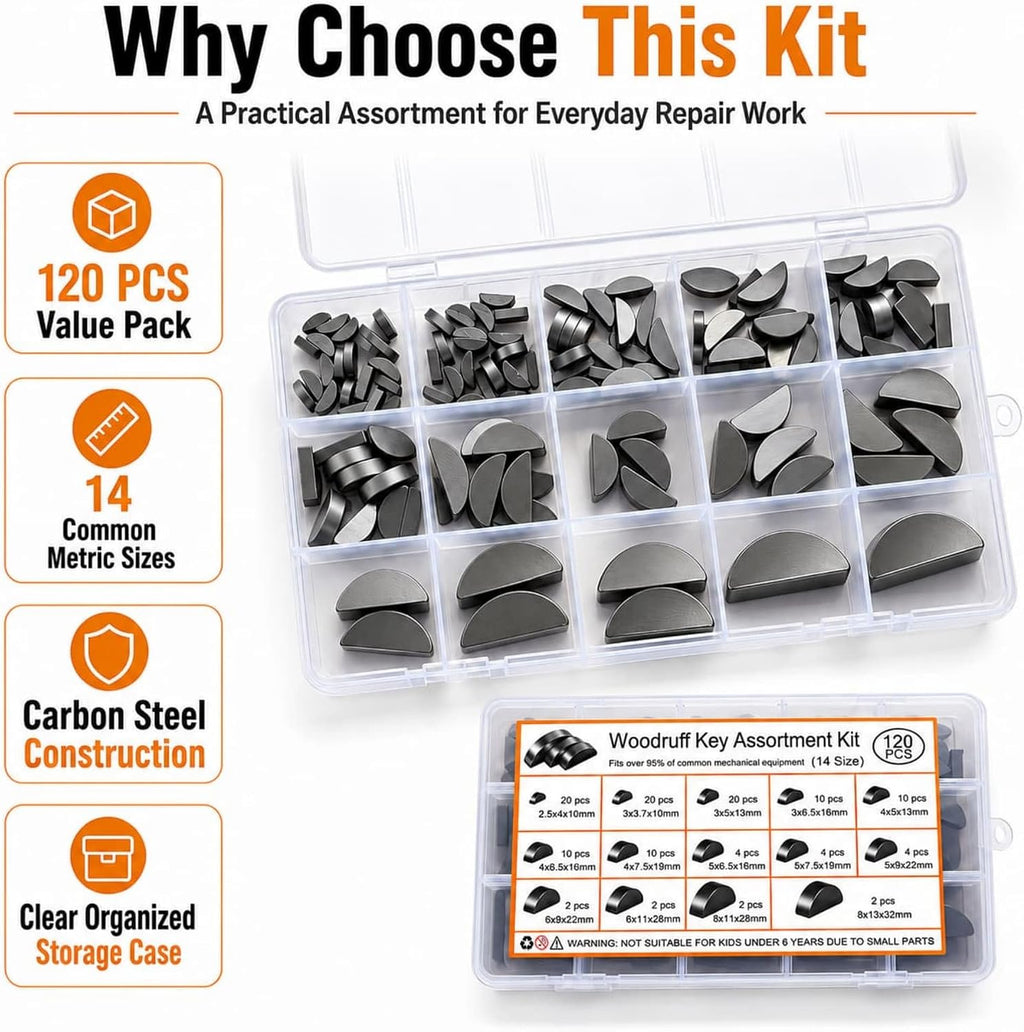 120 PCS Metric Woodruff Key Assortment Kit, 14 Sizes Carbon Steel