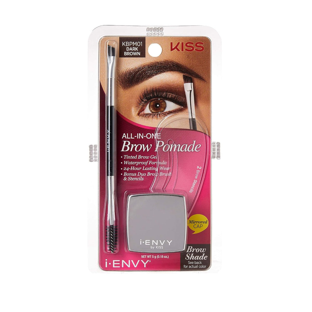 by KISS All-In-One Brow Pomade Dark Brown KBPM01 Waterproof Long Lasting Mirror Cap Stencils Included