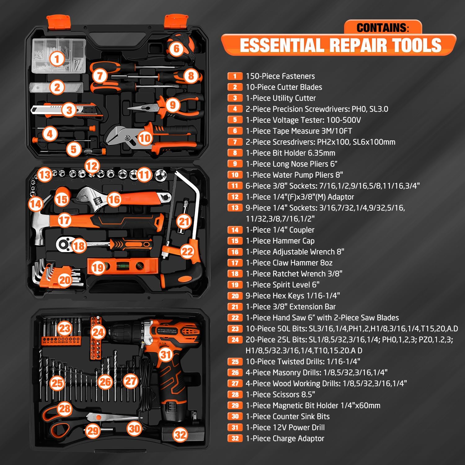 255-Piece Tool Set - Tool Kit with 12V Cordless Drill Driver, Toolbox Storage Case with Drawer, General Household