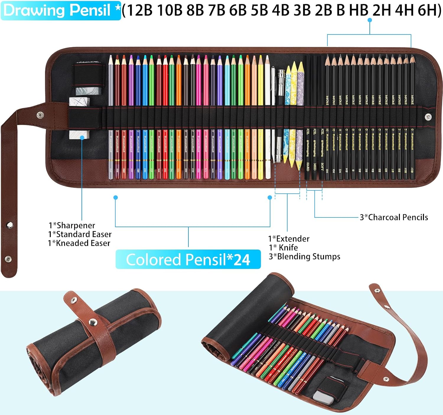 Sketching Drawing Art Pencil Kit-50 Piece Set with 24 Color Pencils for Coloring Books, 14 Graphite 3 Charcoal
