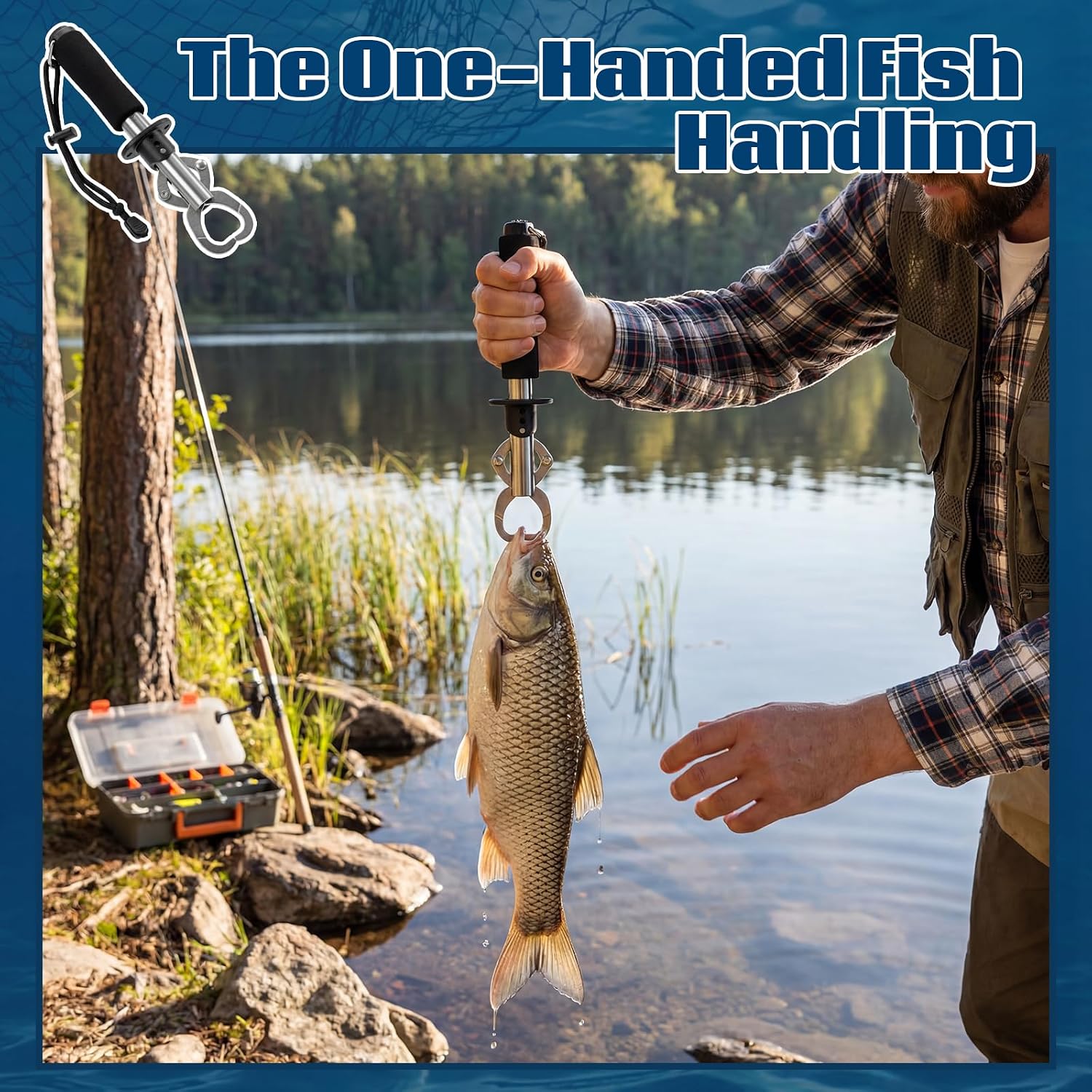 3 Pack Fish Lip Gripper with Scale 33lb Stainless Steel Fish Landing Tool with Non-Slip EVA Handle & Wrist Strap for