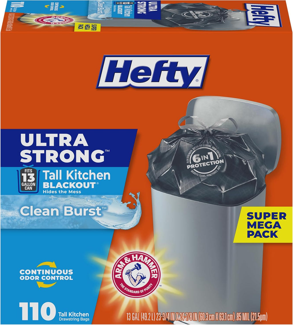 Ultra Strong 13 Gal Kitchen Trash Bags, Black, Clean Burst, 110ct | Bulk Pack, 13G Tall Trash Bags with Drawstrings
