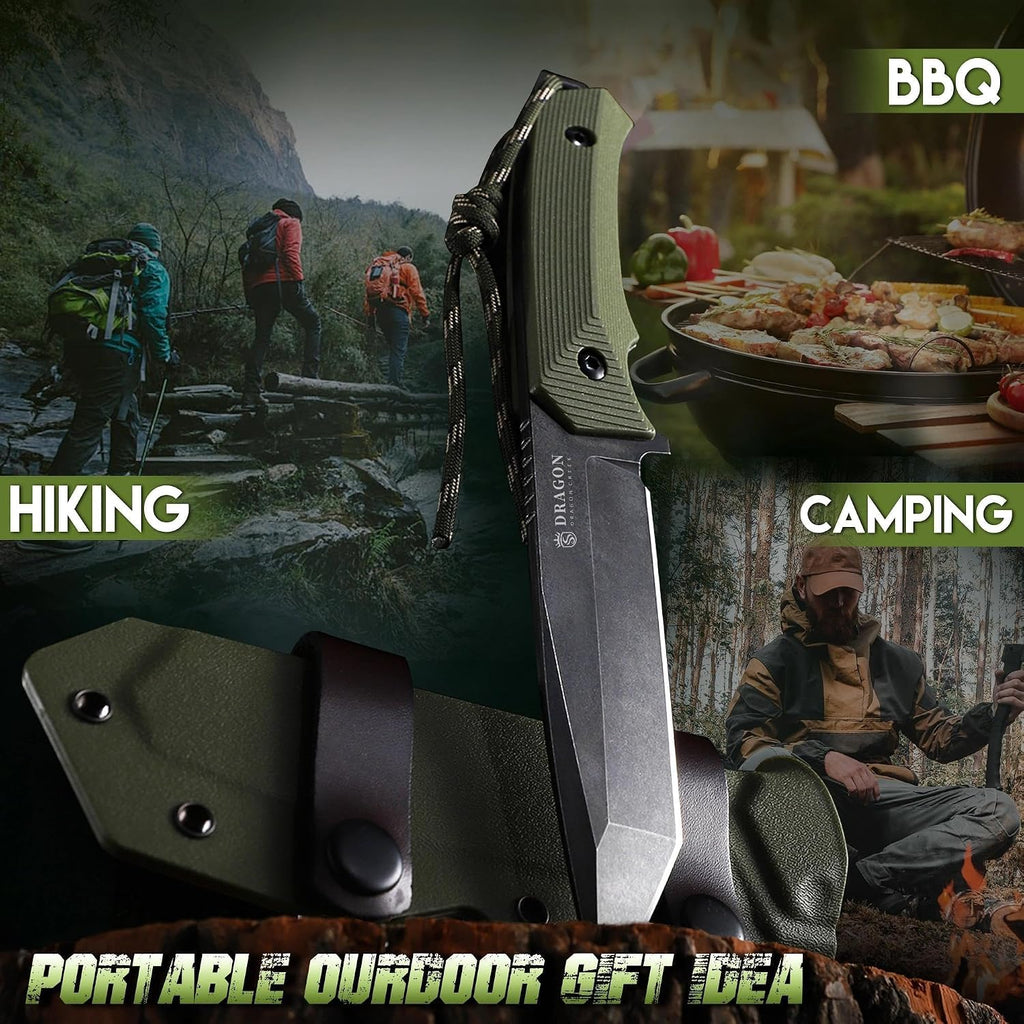 Fixed Blade Knife - Full Tang Handle Green | Portable Sheath with Belt buckle