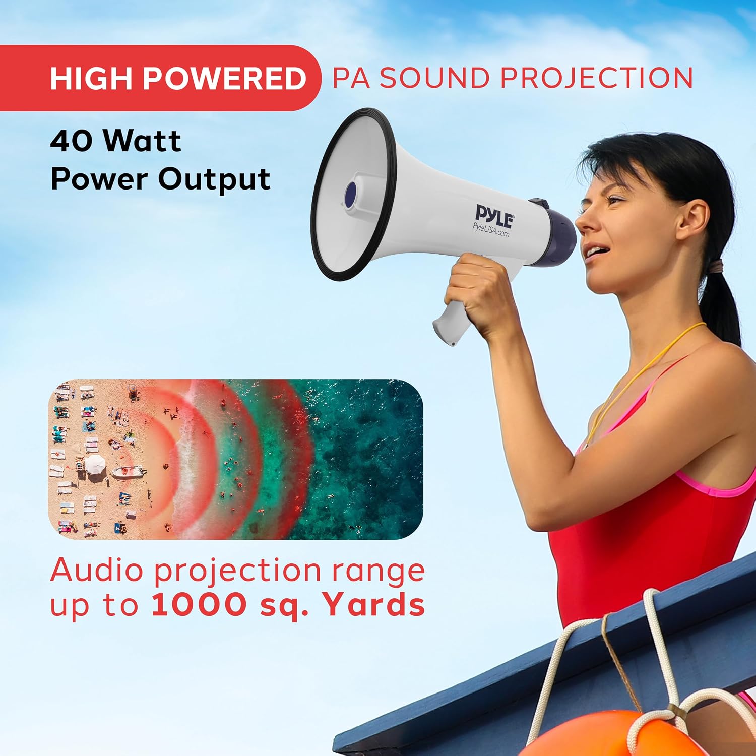 40W Bullhorn Megaphone Speaker, 1,000-Yard Range with Rechargeable Built-in Battery, 10-Second Memory Record