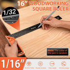 16” Woodworking Square Ruler - Preciva 1/16” Scale Right Angle Ruler Carpenter Square Layout Tool, Retractable Edge Support and Multi-Angle Scribe Mark, Includes Carpentry Pencil