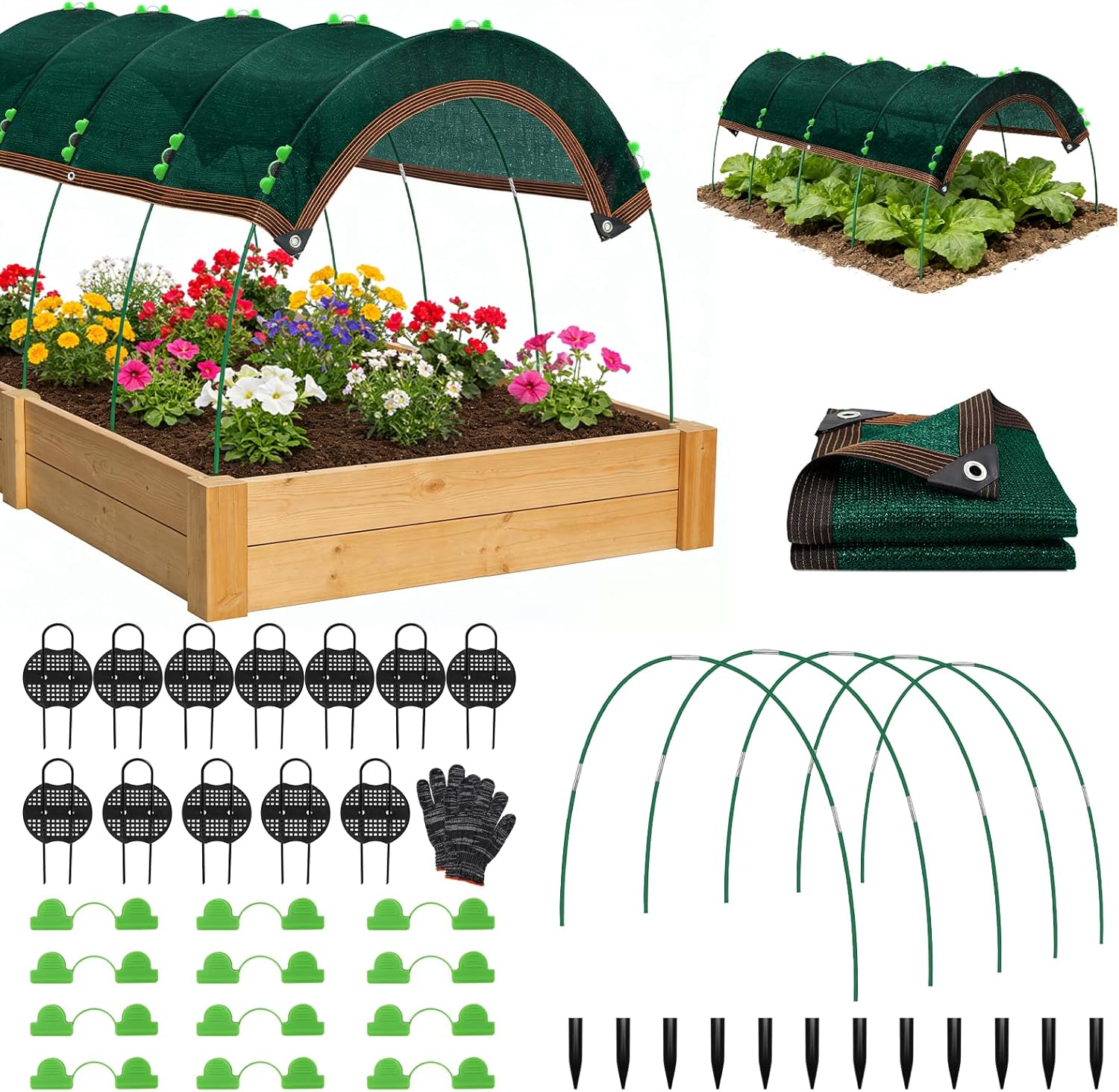 Garden Shade Kit 78.7"x39.4", 70% Green Shade Cloth with Hoops for Plants, Raised Garden Bed Shade Cover for Heat