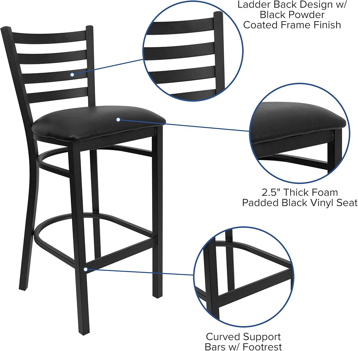 Hercules Ladder Back Restaurant Barstool, Black, 2-Pack