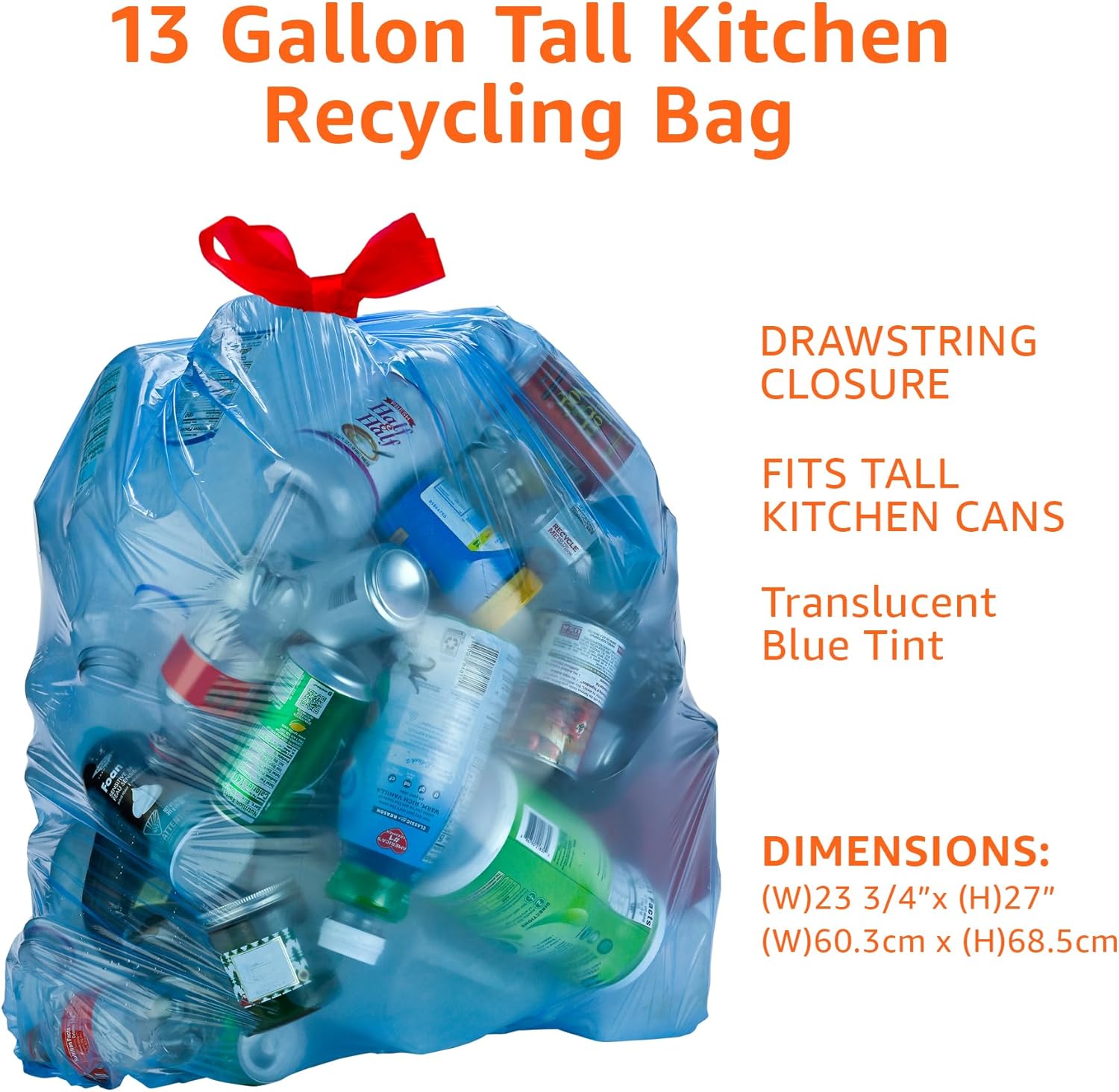 Blue Recycling Drawstring Trash Bags, Tall Kitchen, Unscented, 13 Gallon, 60 Count